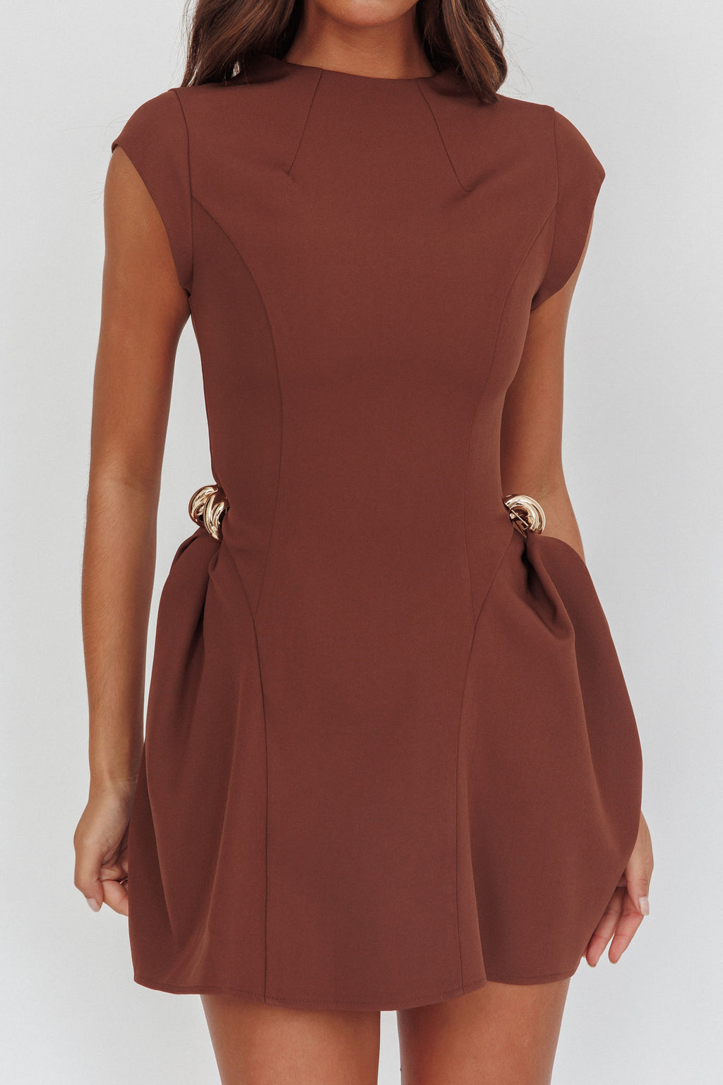Girl Talks Cap Sleeve Puff Skirt Mini Dress Chocolate by Selfie Leslie Australia
