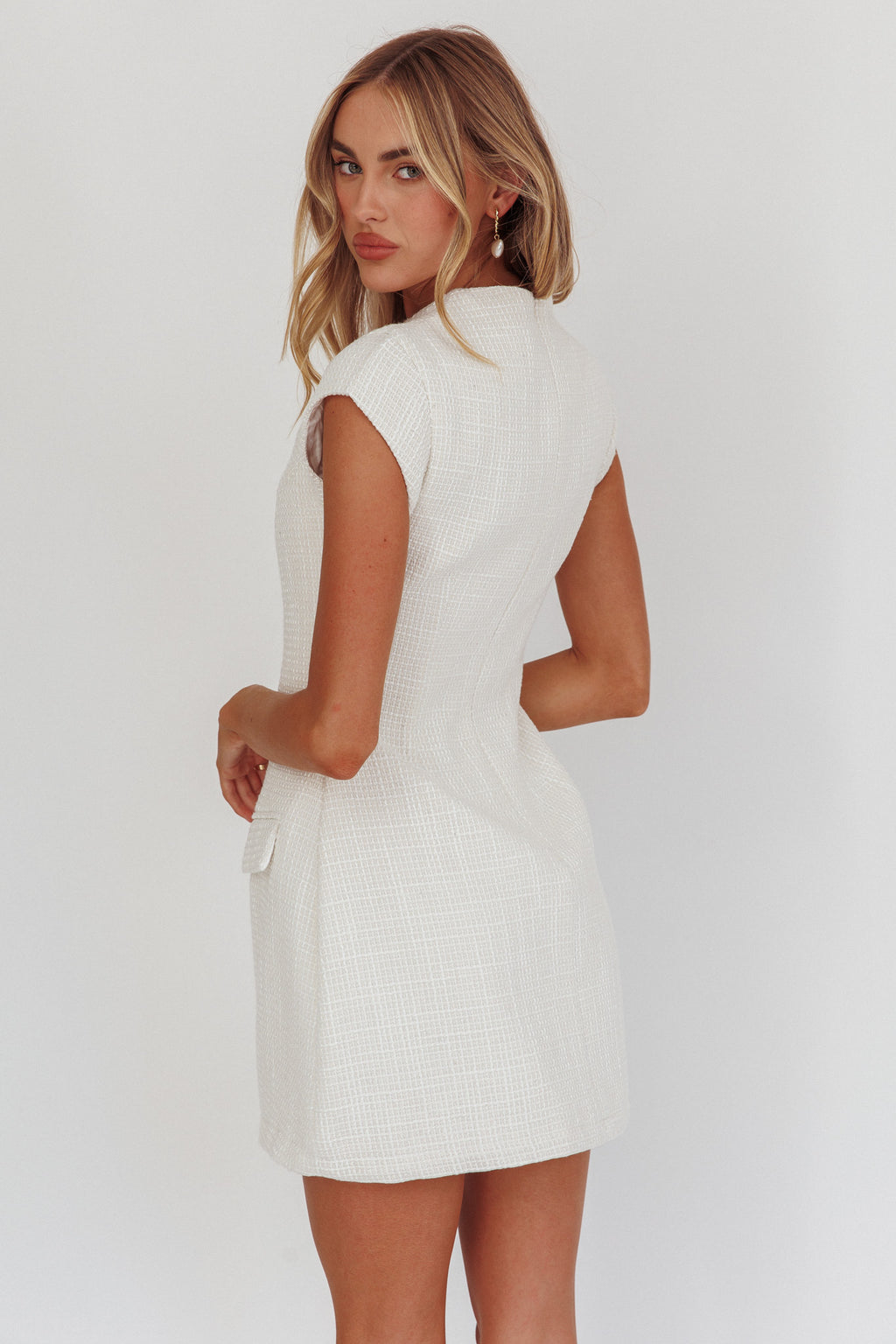Aristos Cap Sleeve Mini Dress Tweed Cream by Selfie Leslie Australia