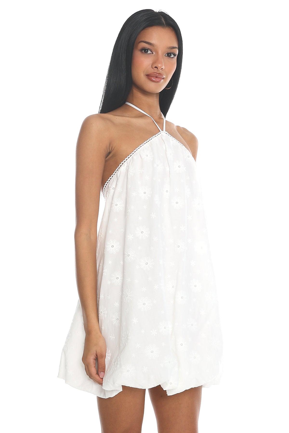Sunshower Bubble Hem Halter Mini Dress White
