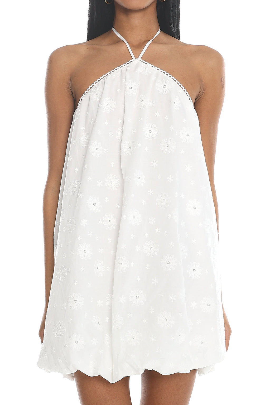 Sunshower Bubble Hem Halter Mini Dress White