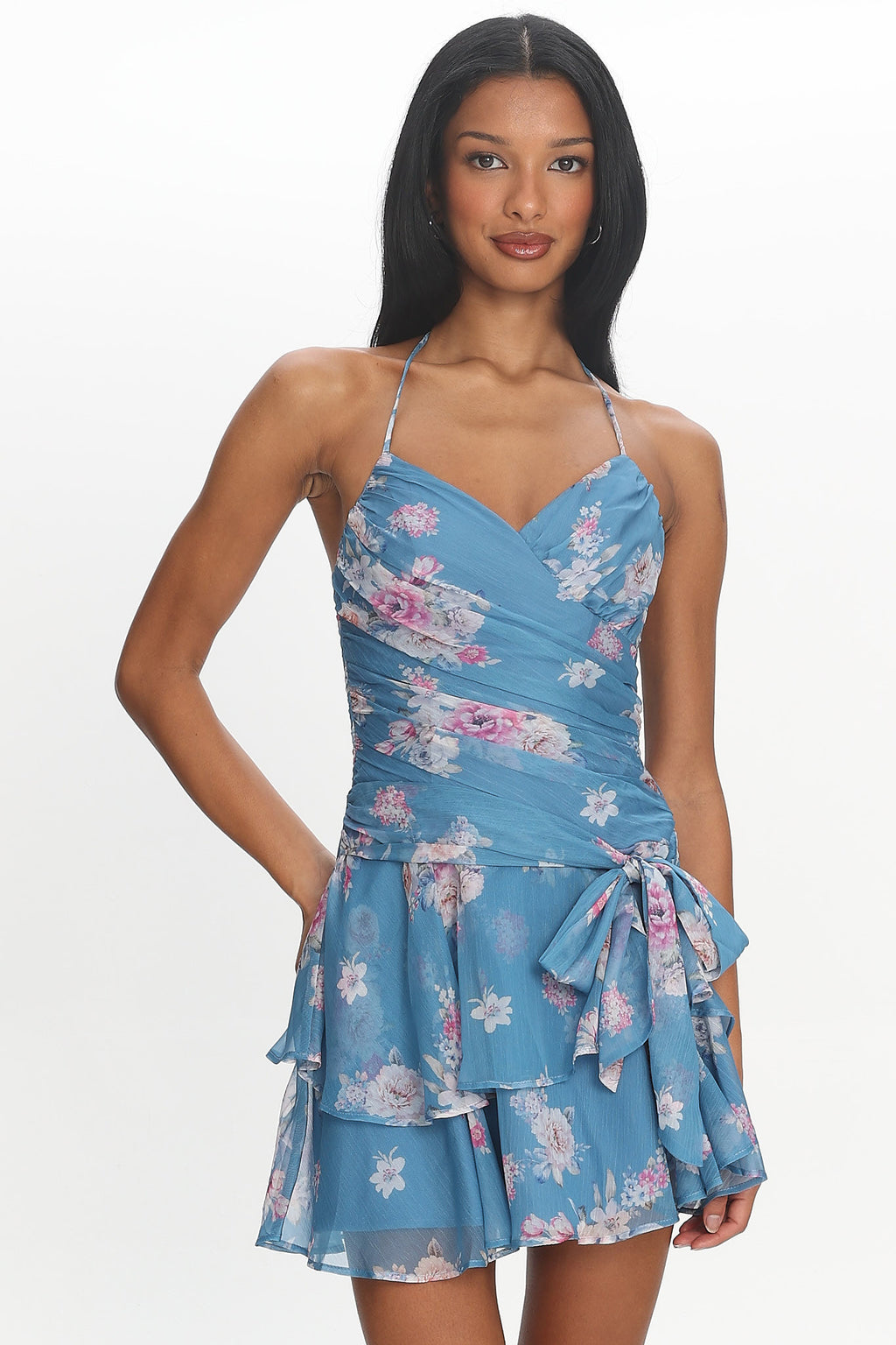 Rosé Hour Tiered Mini Dress Blue