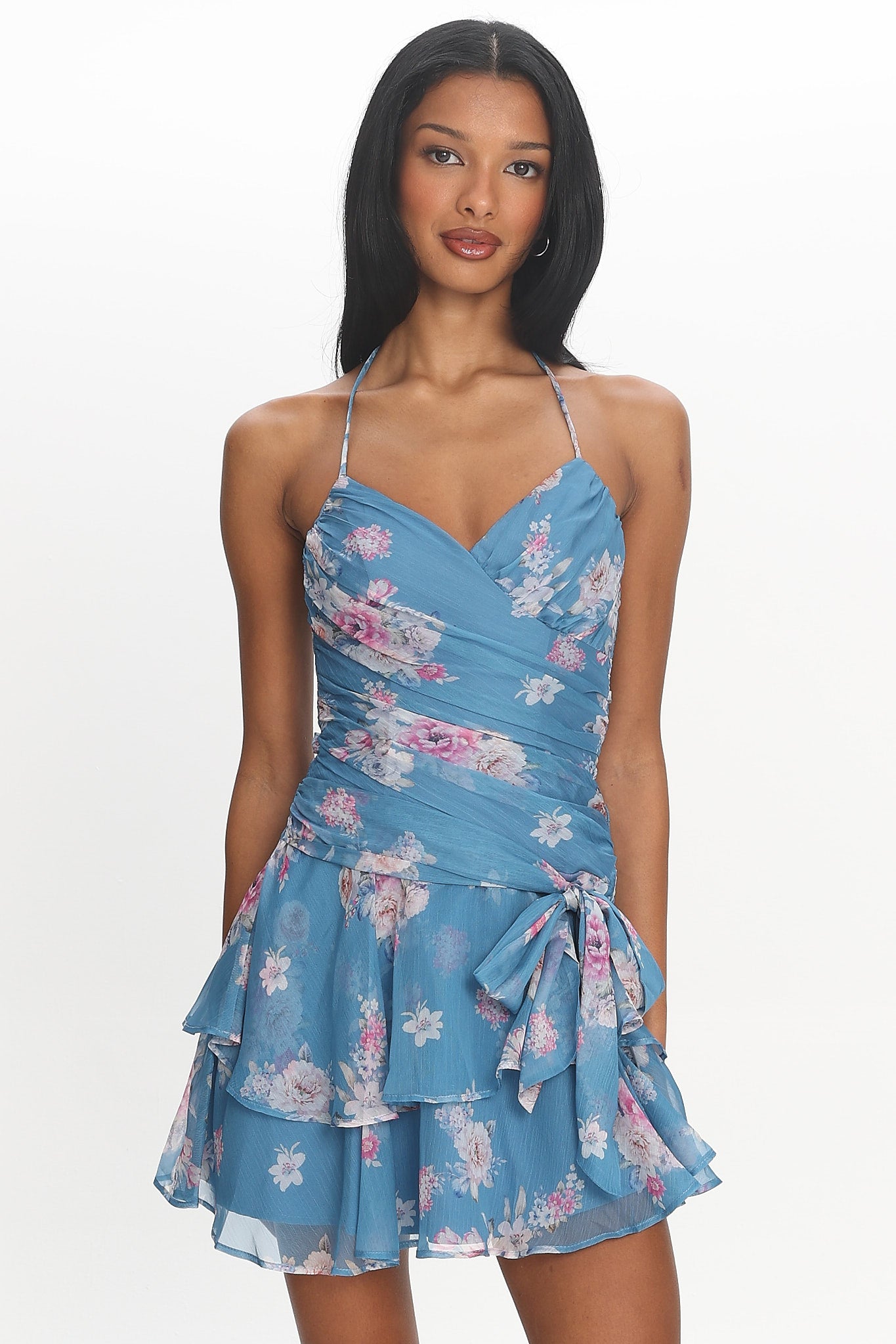 Rosé Hour Tiered Mini Dress Blue
