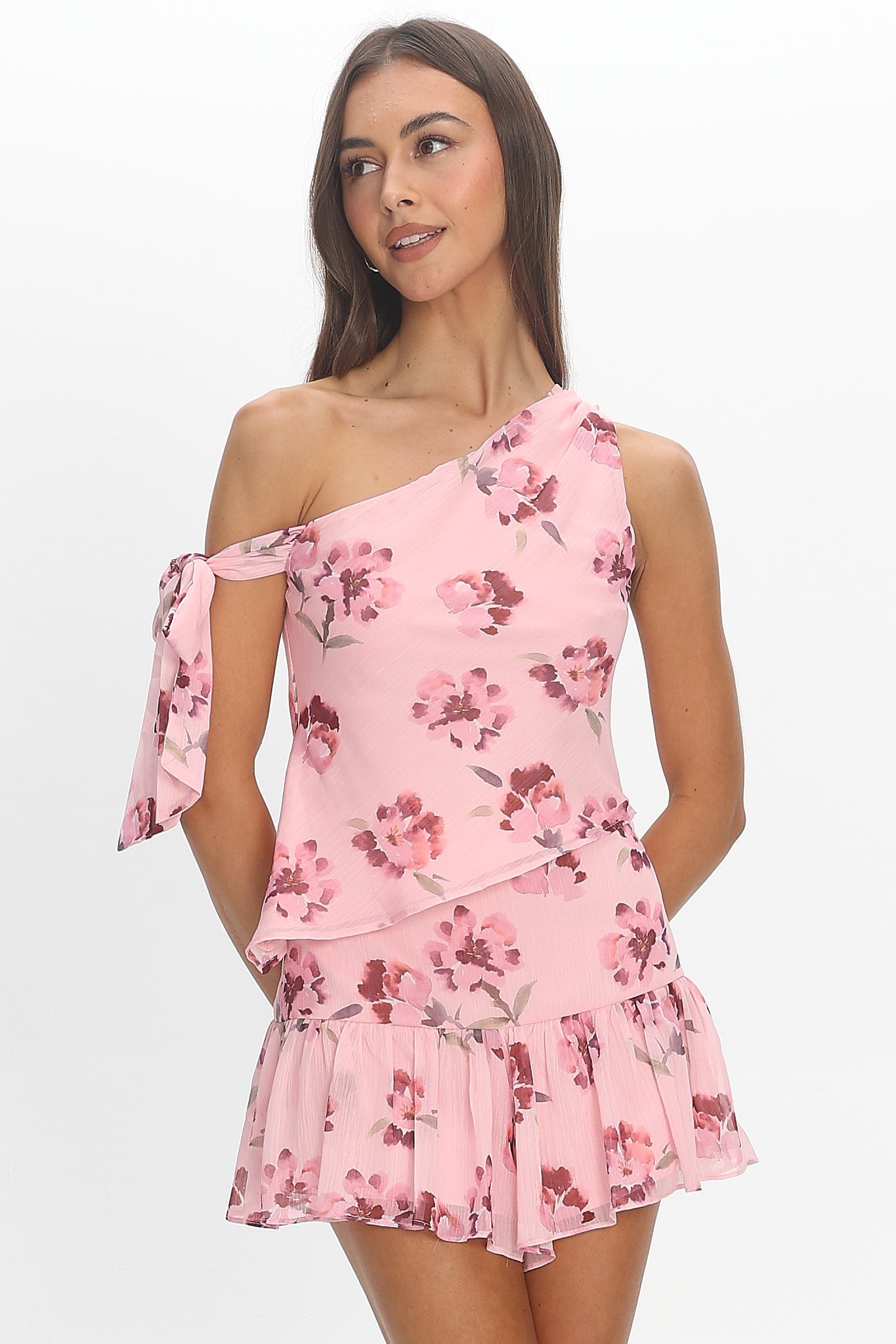 Rosalind Bloom One-Shoulder Tie Top Burgundy