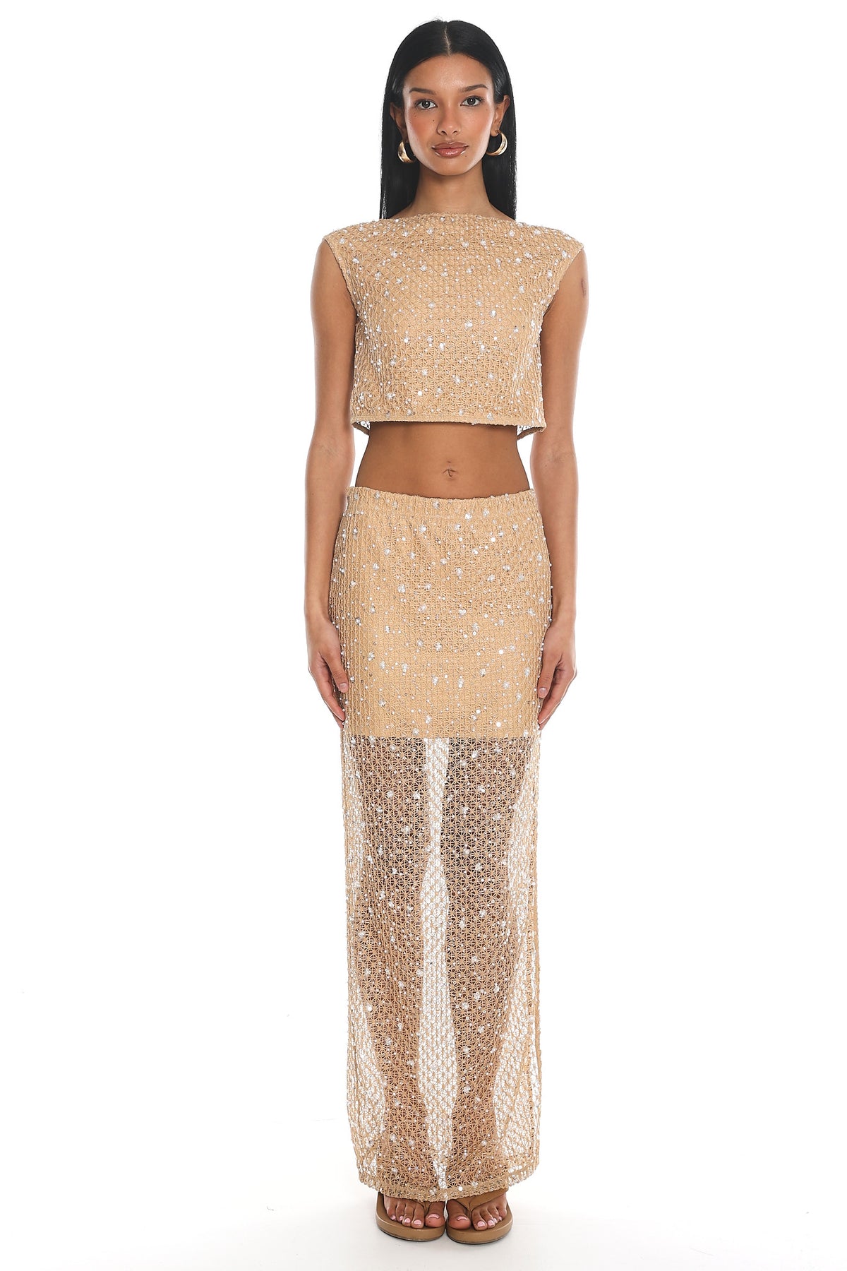 Amias Sequin Maxi Skirt Beige