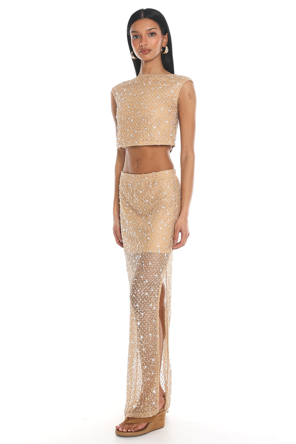 Amias Sequin Maxi Skirt Beige