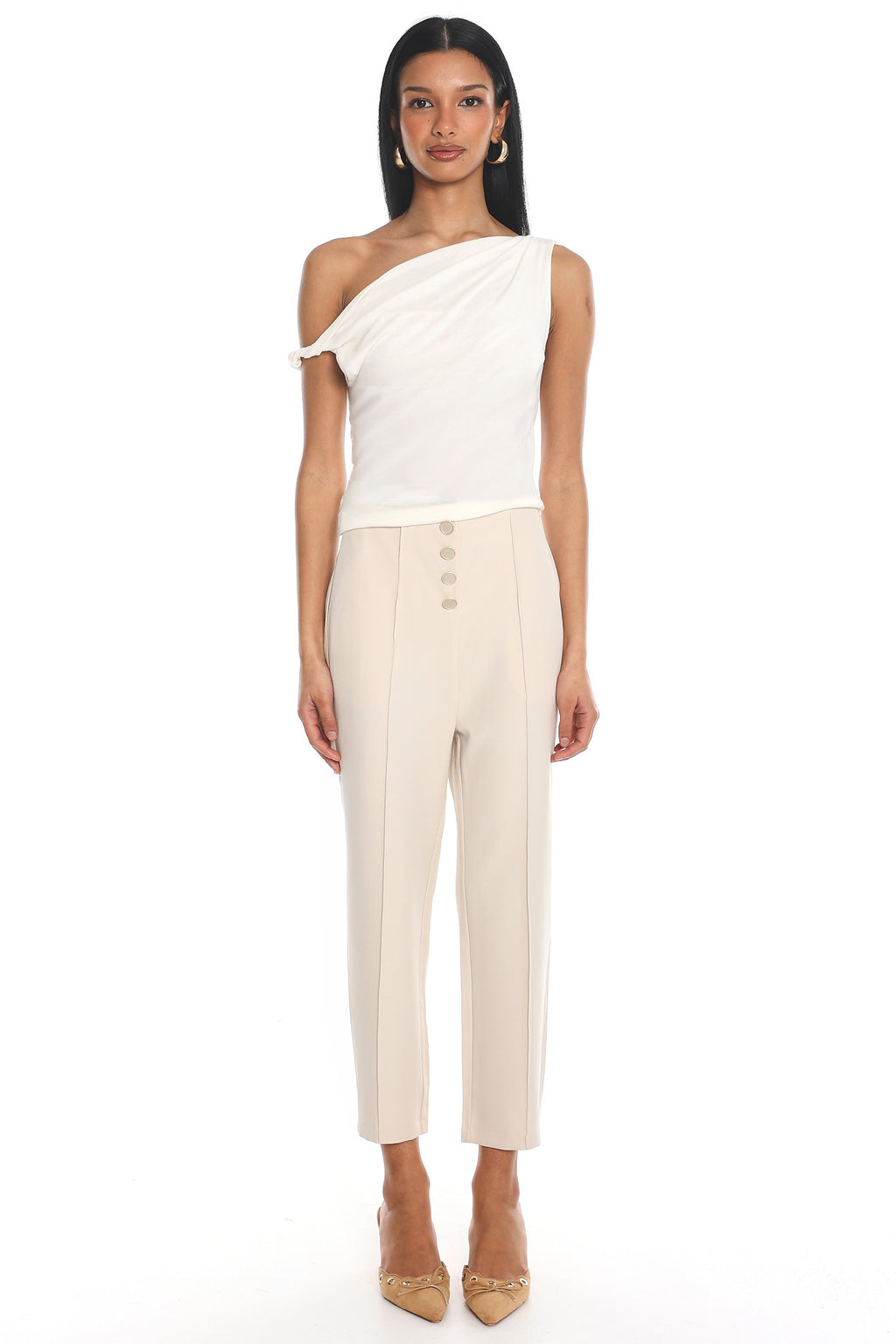 Downtown Girl Button-Front Cropped Trousers Cream