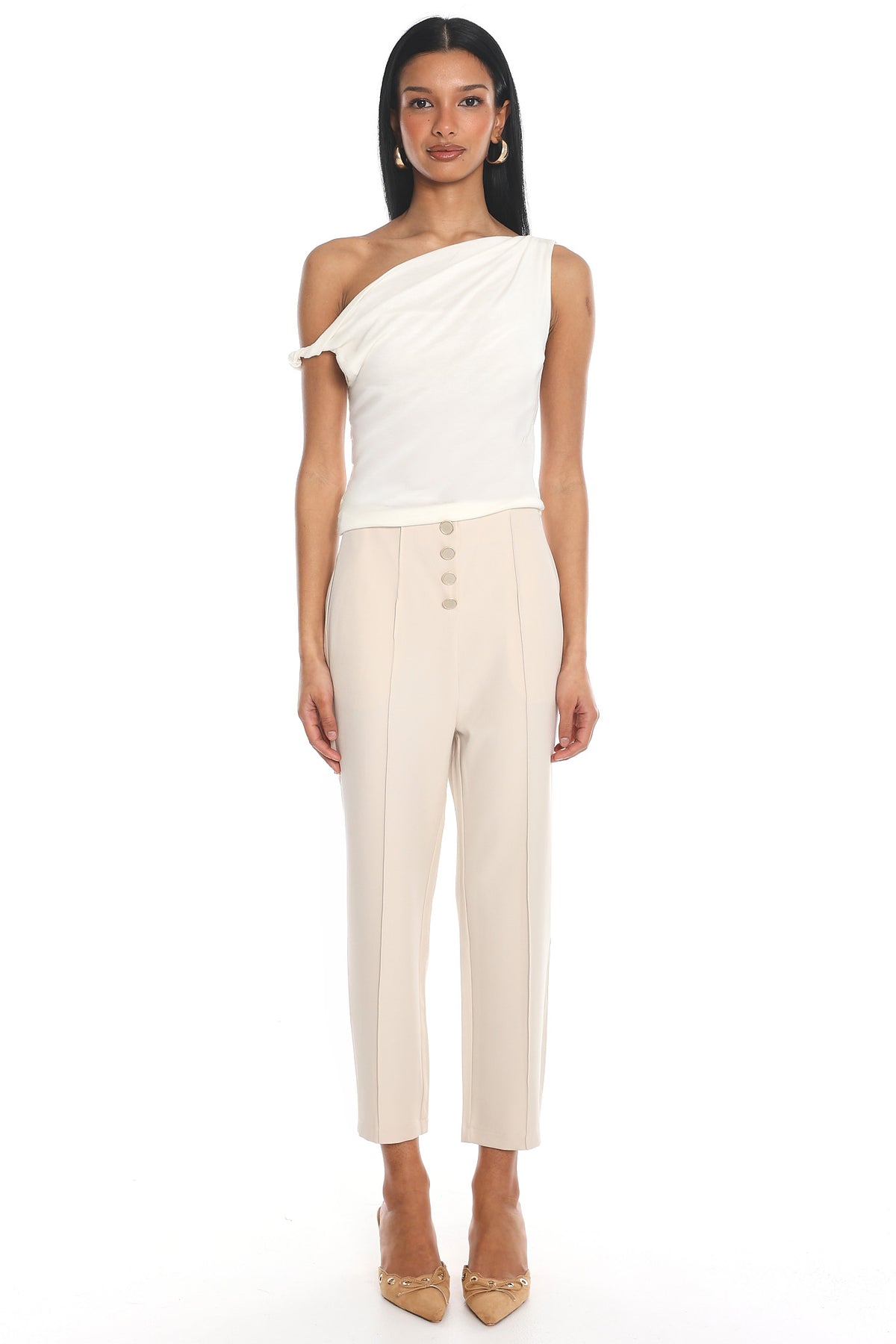 Downtown Girl Button-Front Cropped Trousers Cream
