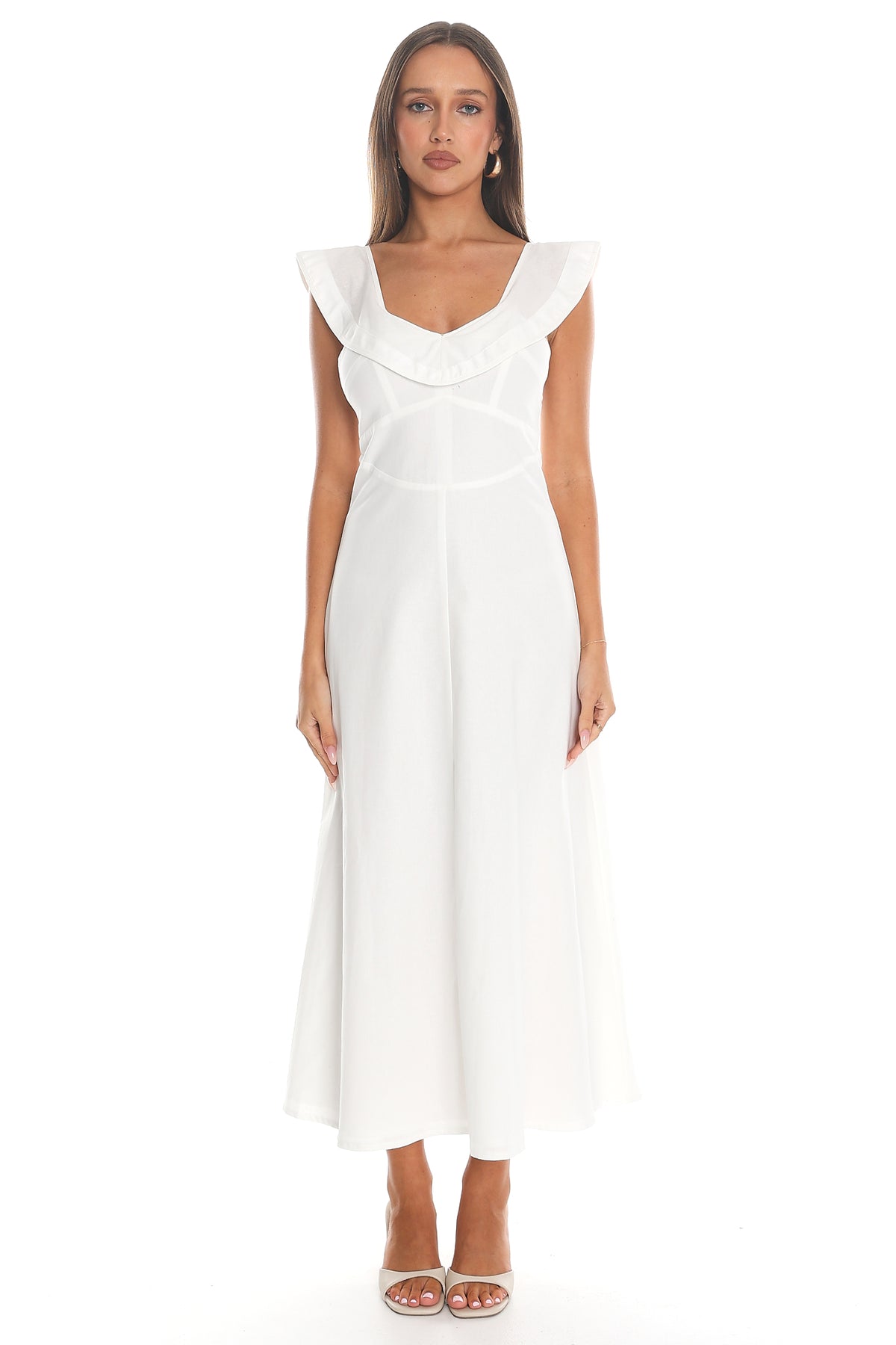 Arissa Ruffle Collar Midi Dress White