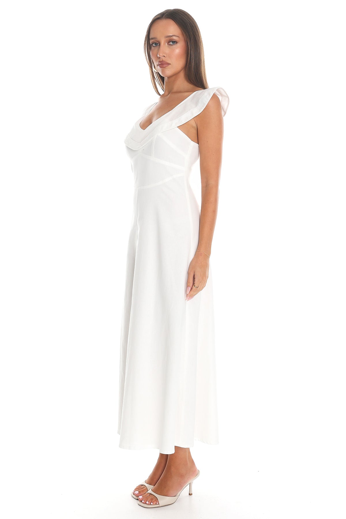 Arissa Ruffle Collar Midi Dress White