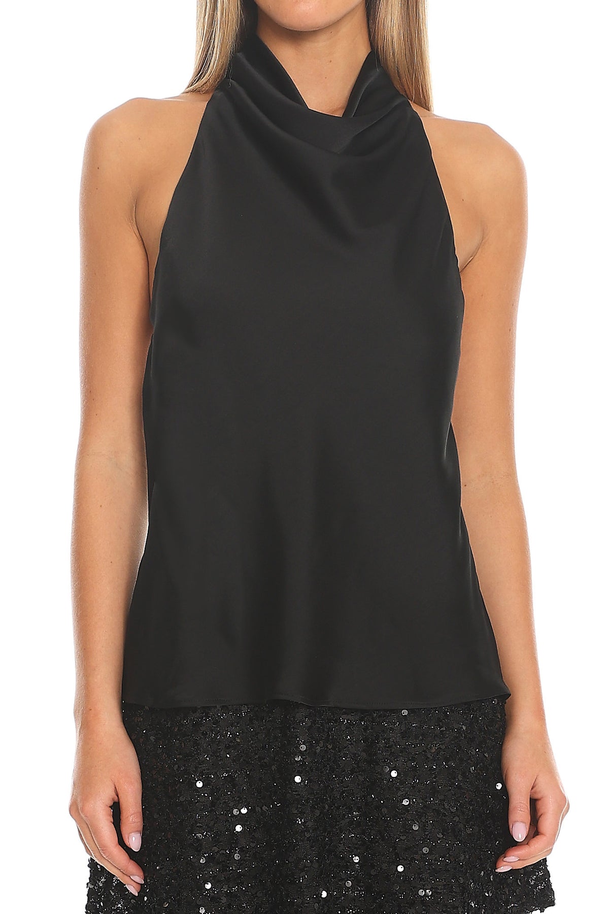 Quartz Cowl Halter Mini Dress Black
