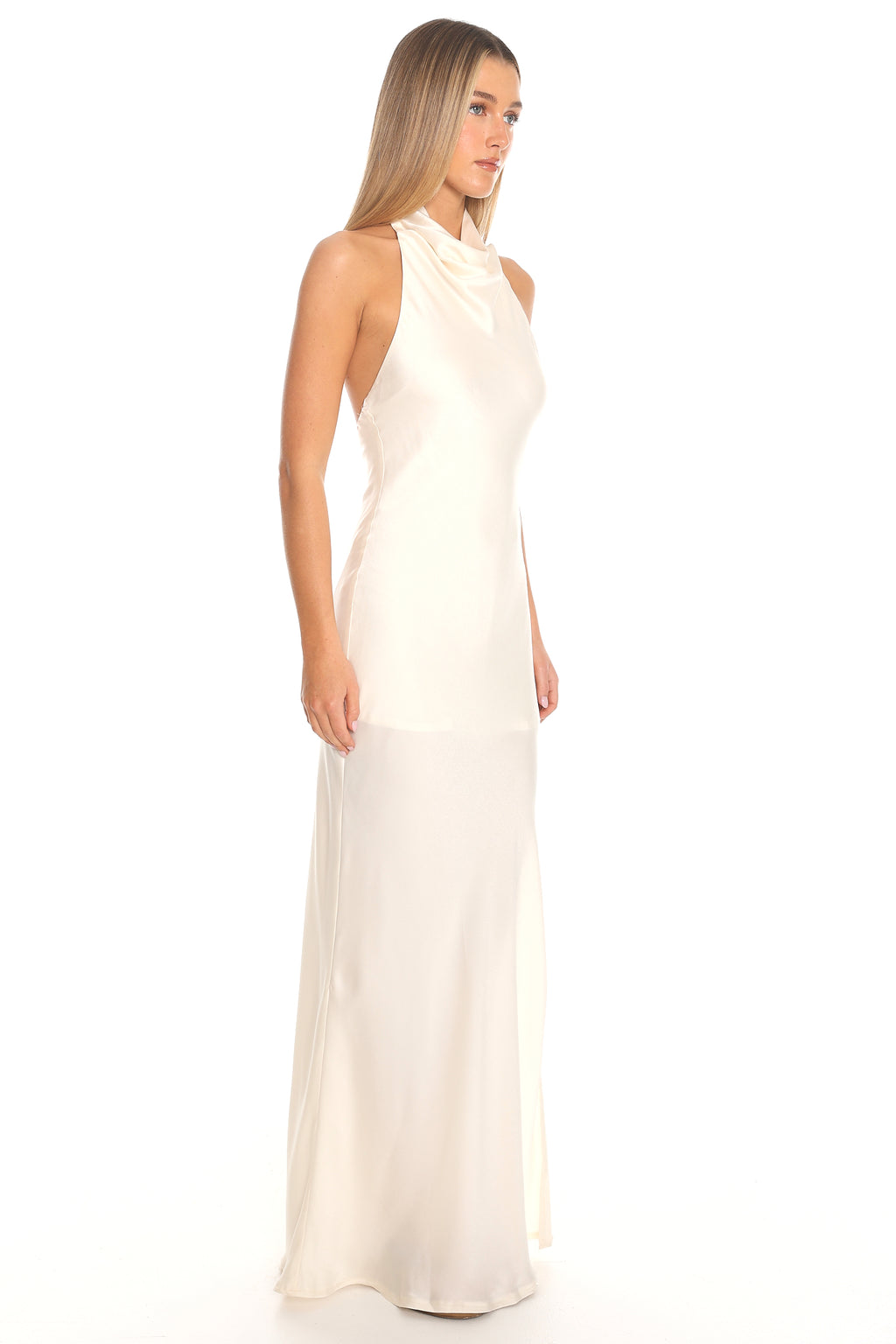 Opallite Silk Cowl Halter Maxi Dress Oyster