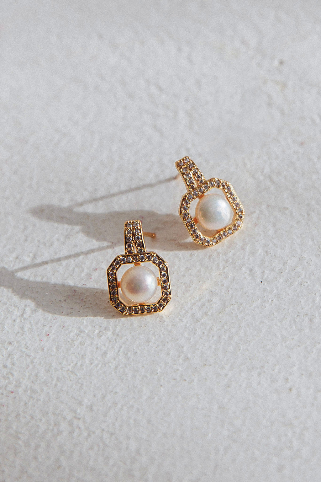 Control Pearl Zirconia Square Drop Stud Earrings Gold by Selfie Leslie Australia