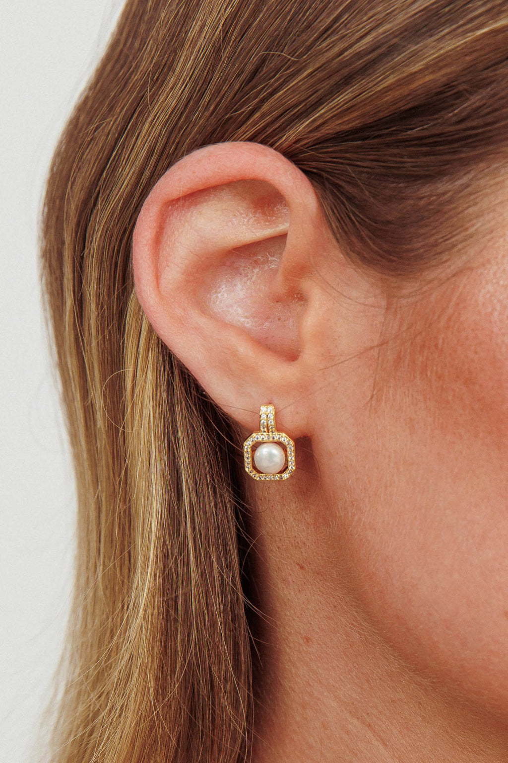 Control Pearl Zirconia Square Drop Stud Earrings Gold by Selfie Leslie Australia