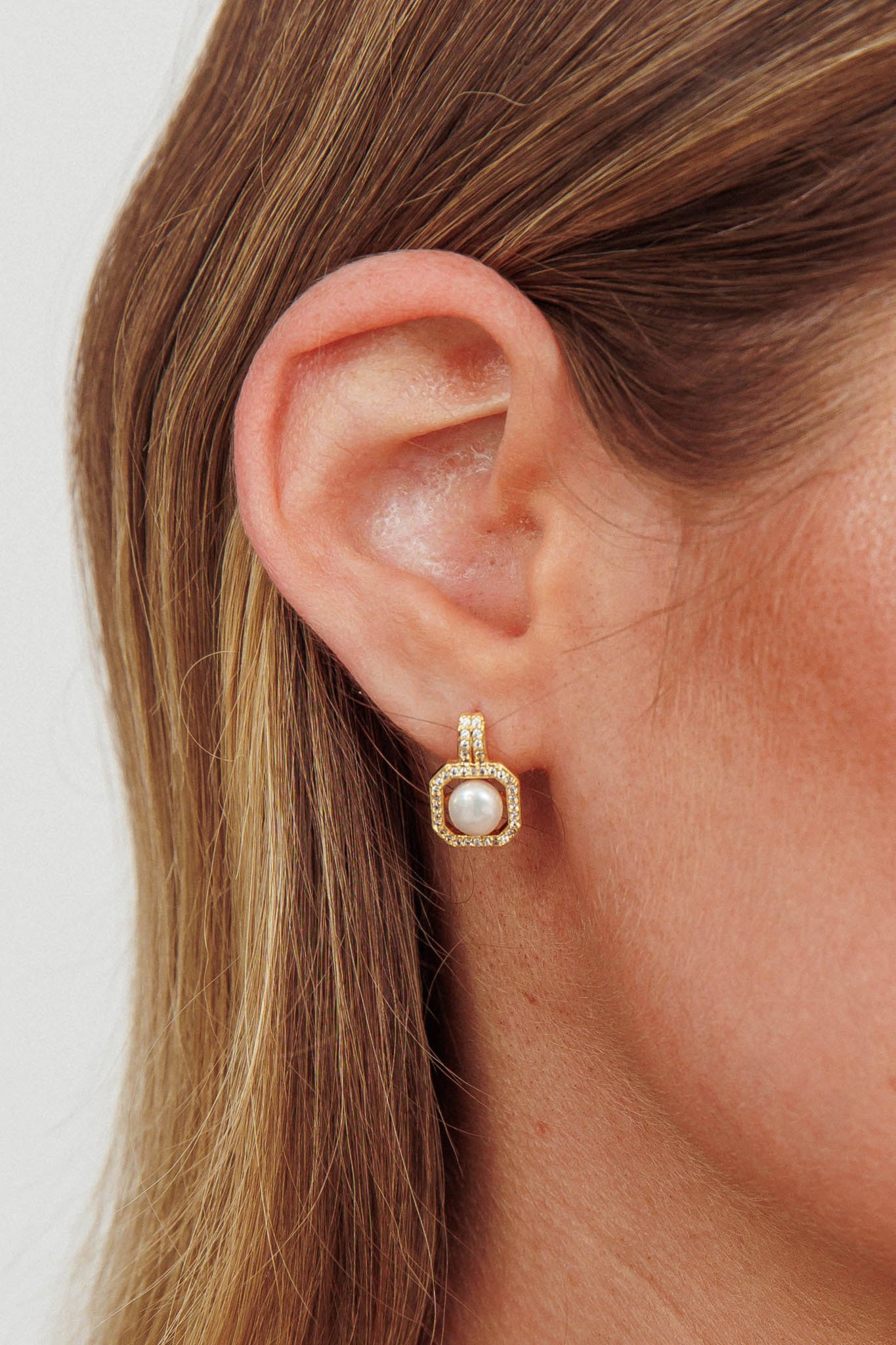 Control Pearl Zirconia Square Drop Stud Earrings Gold by Selfie Leslie Australia
