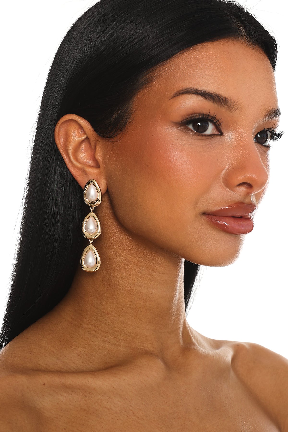 Marion Triple Droplet Earrings Gold Pearl by Selfie Leslie Australia