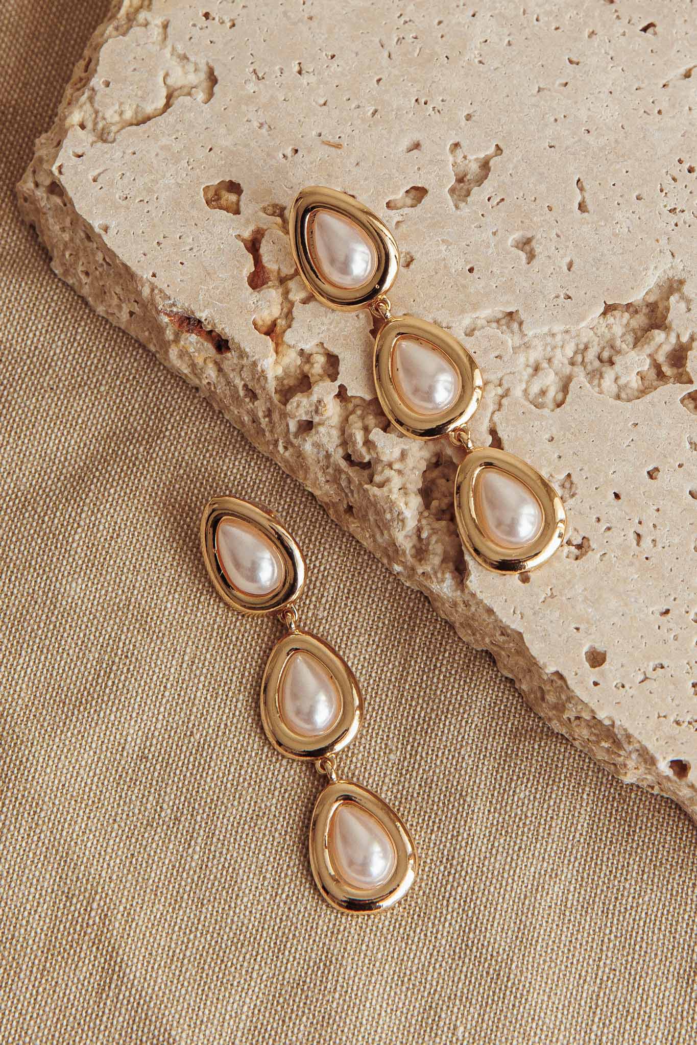 Marion Triple Droplet Earrings Gold Pearl by Selfie Leslie Australia