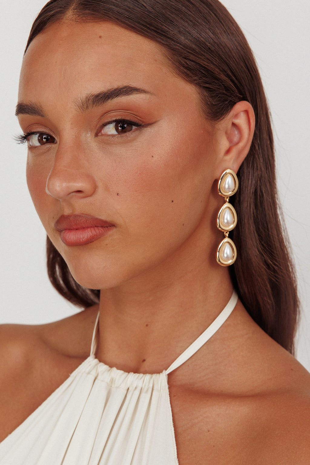 Marion Triple Droplet Earrings Gold Pearl by Selfie Leslie Australia