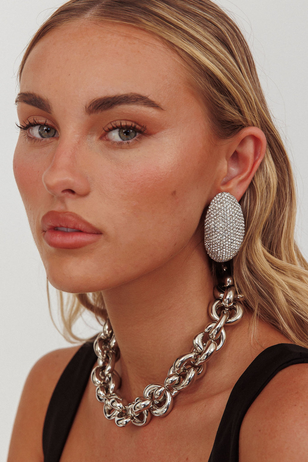 Candice Oval Cabochon Earrings Silver Diamante by Selfie Leslie Australia