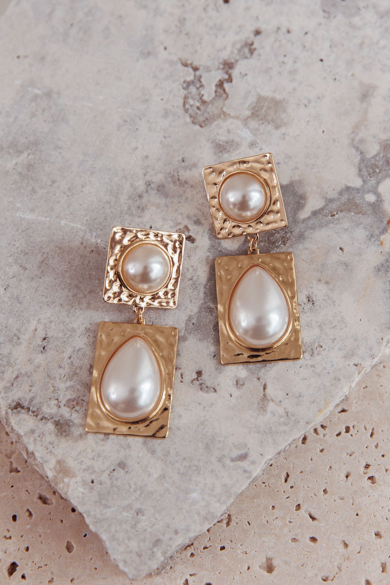 Chloe Hammered Drop Earrings Gold/Pearl by Selfie Leslie Australia