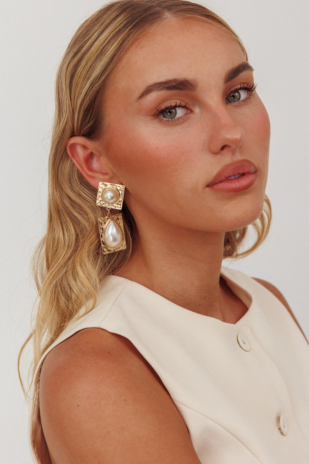 Chloe Hammered Drop Earrings Gold/Pearl by Selfie Leslie Australia