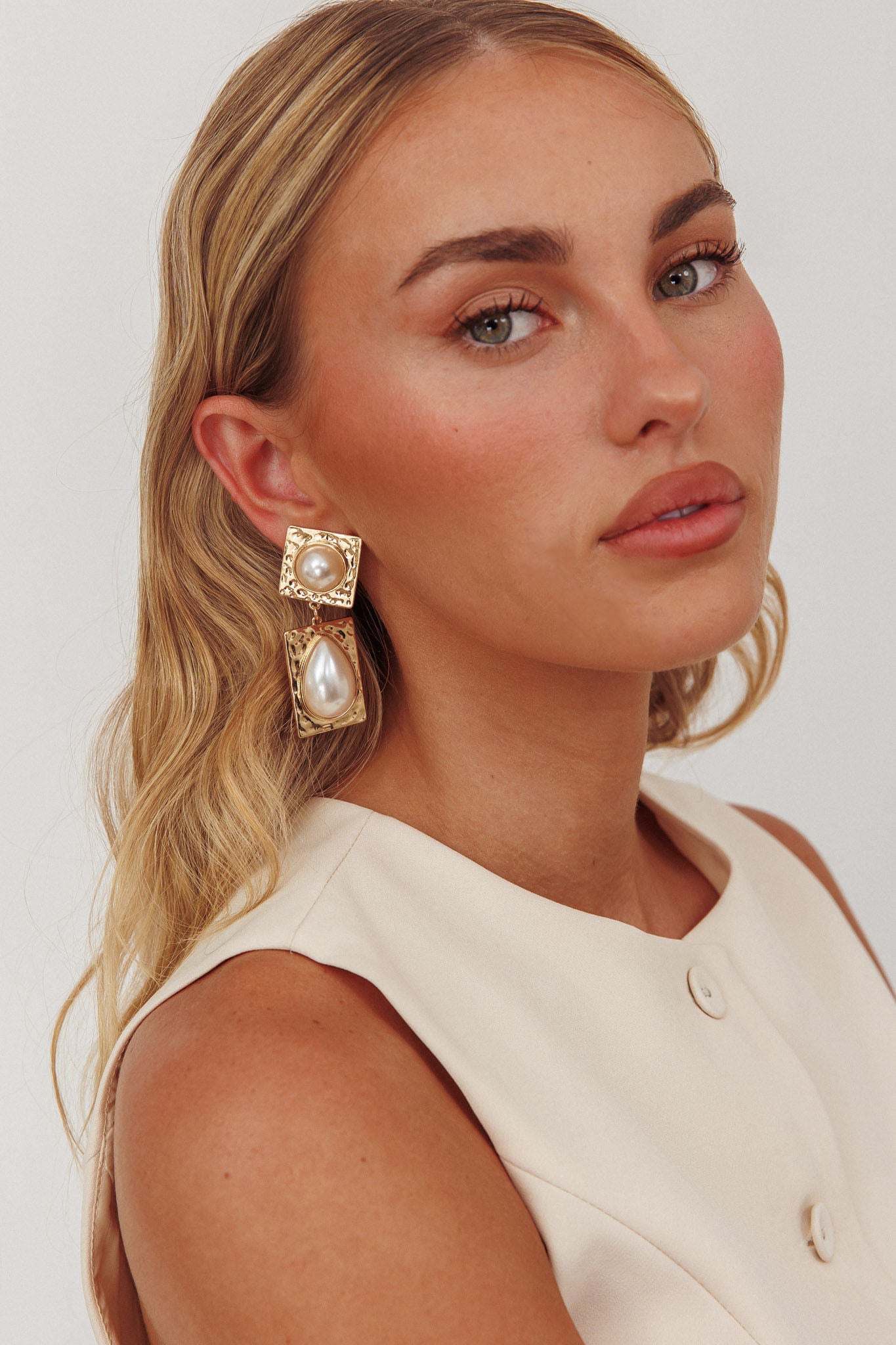 Chloe Hammered Drop Earrings Gold/Pearl by Selfie Leslie Australia