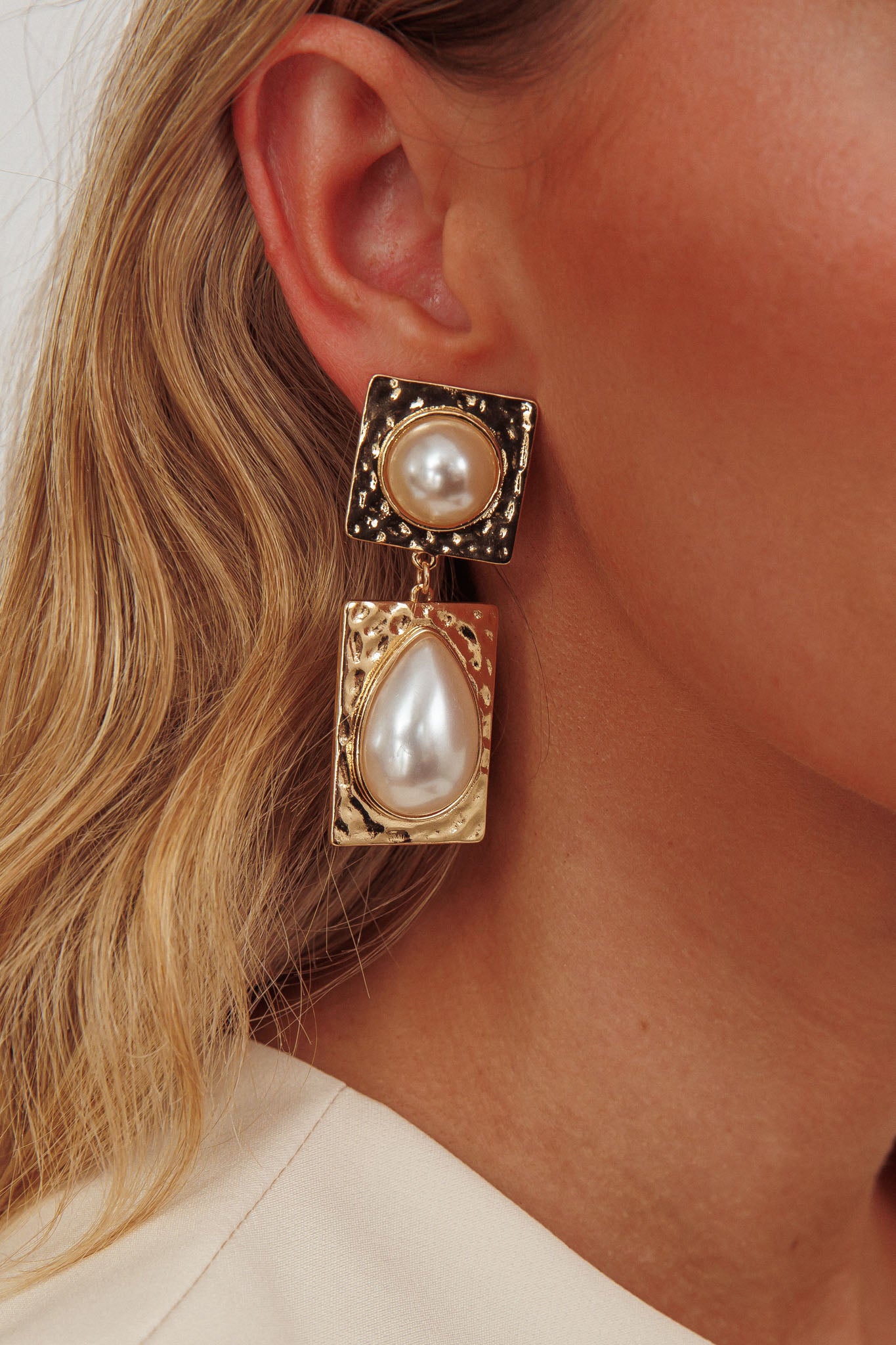 Chloe Hammered Drop Earrings Gold/Pearl by Selfie Leslie Australia