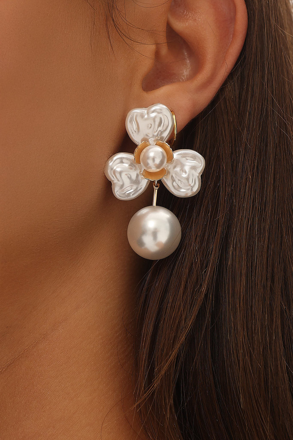 Triniti Drop Flower Earrings Gold Pearl by Selfie Leslie Australia