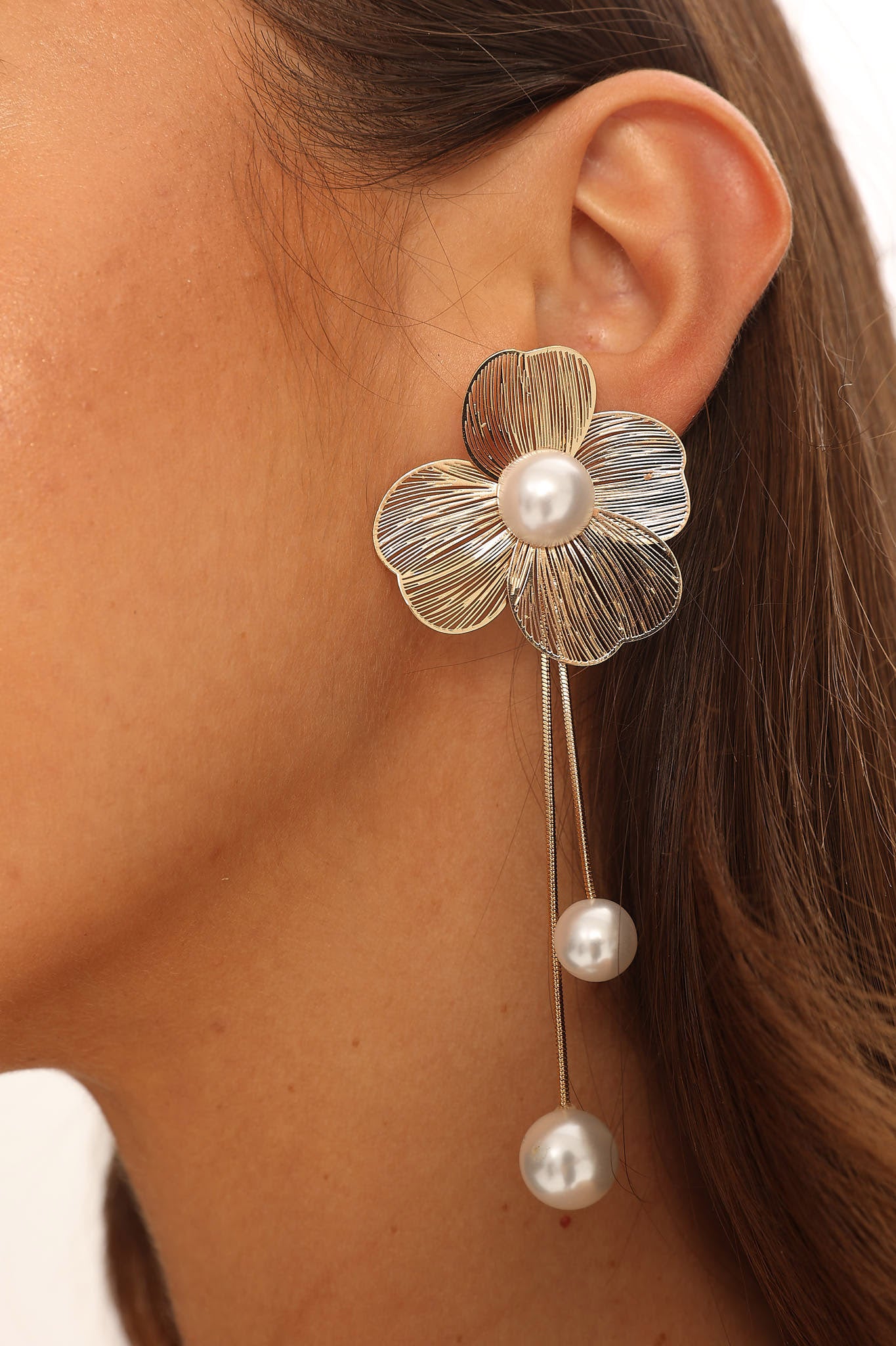 Posey Flower Pearl Drop Earrings Gold by Selfie Leslie Australia