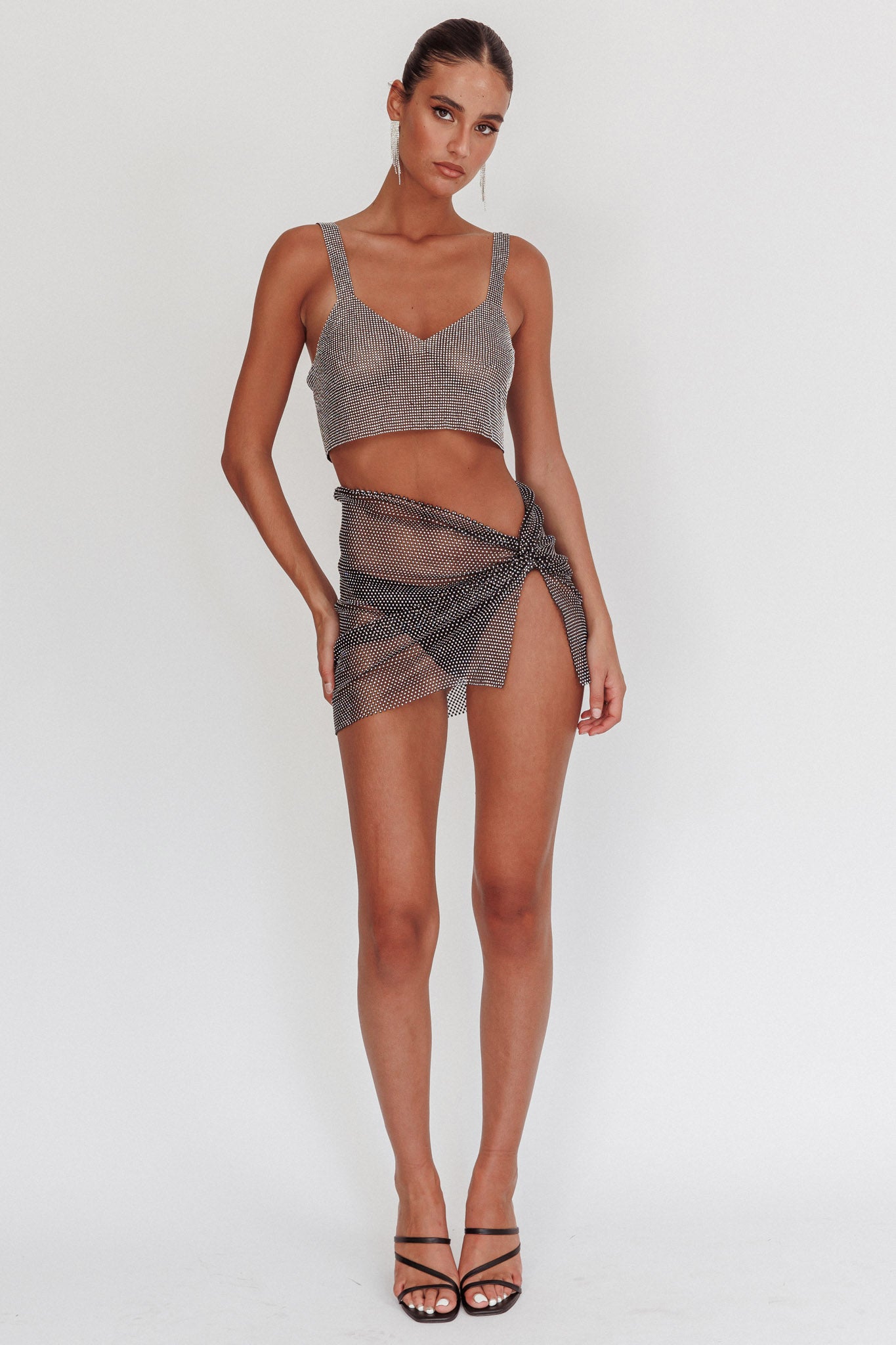 Shine On Diamante Mesh Mini Skirt Black by Selfie Leslie Australia