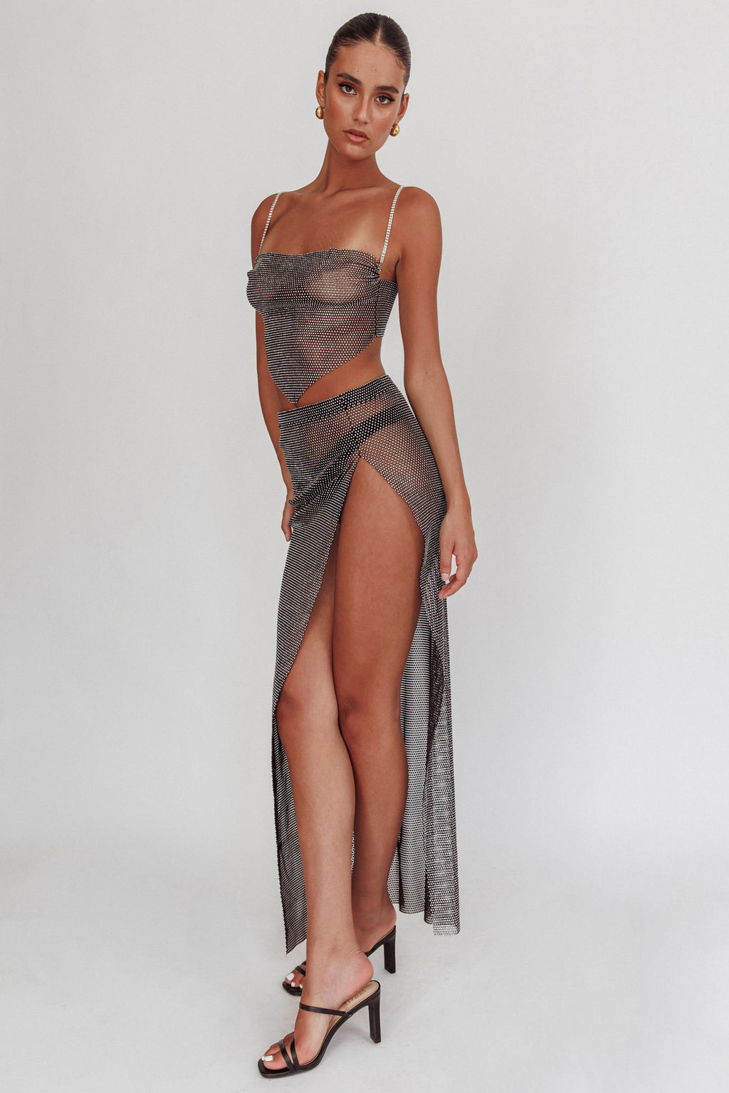 Heart Breaker Diamante Mesh Maxi Skirt Black by Selfie Leslie Australia