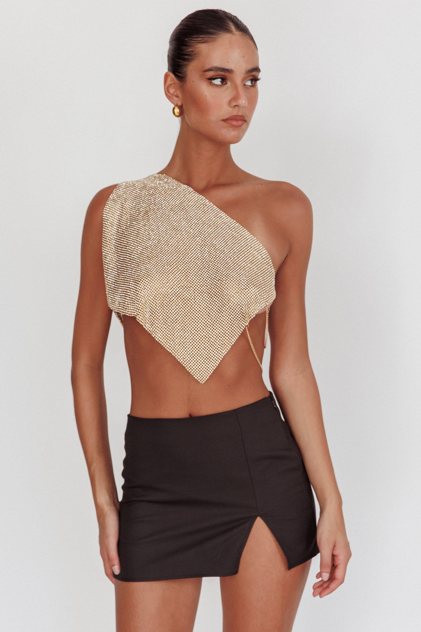 Sun Dial One Shoulder Diamante Top Gold by Selfie Leslie Australia