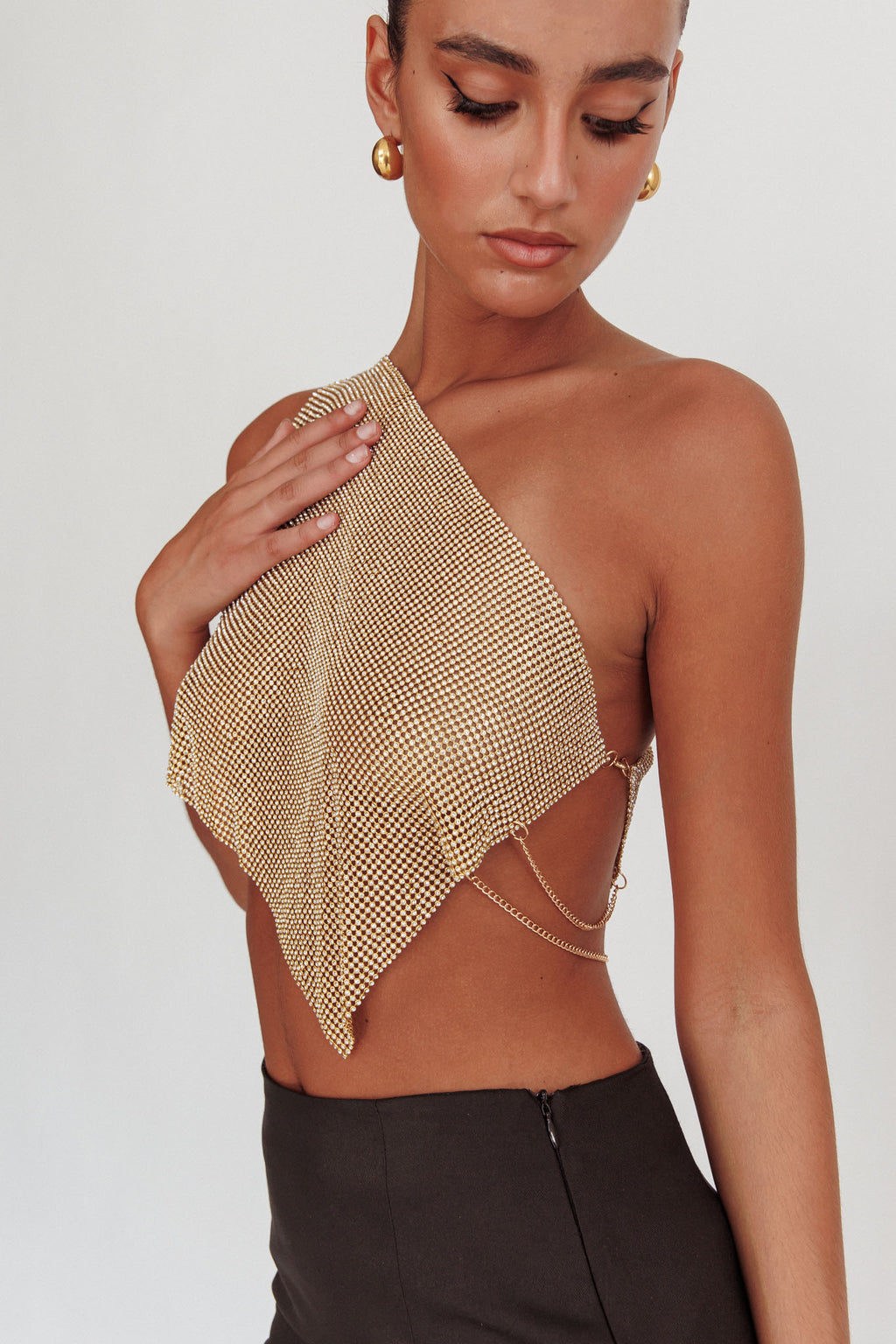 Sun Dial One Shoulder Diamante Top Gold by Selfie Leslie Australia