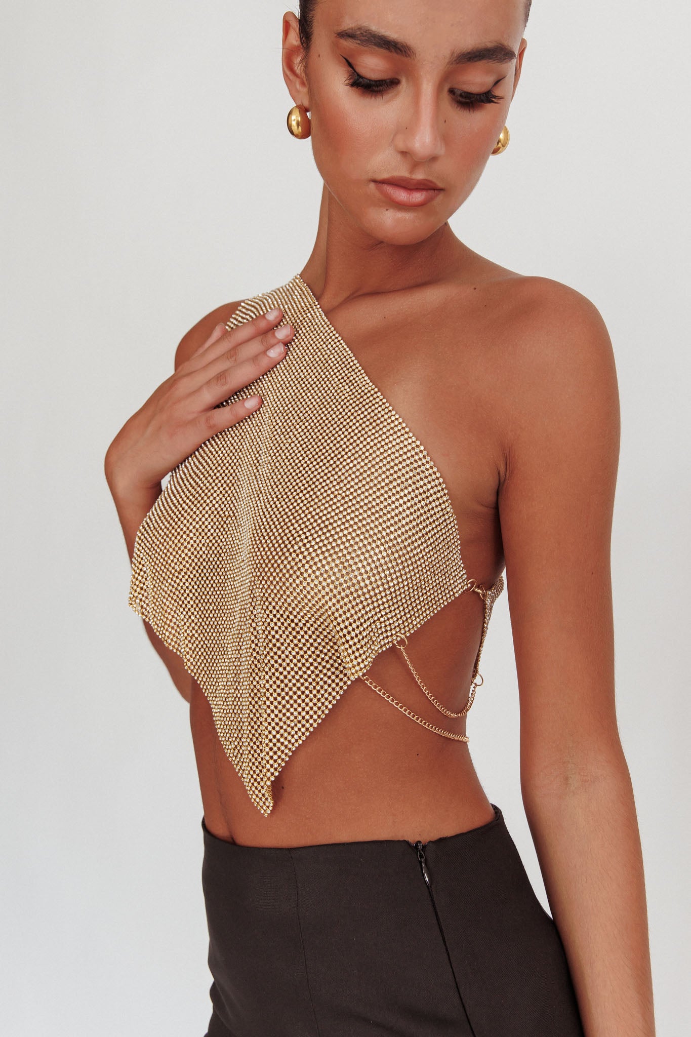 Sun Dial One Shoulder Diamante Top Gold by Selfie Leslie Australia