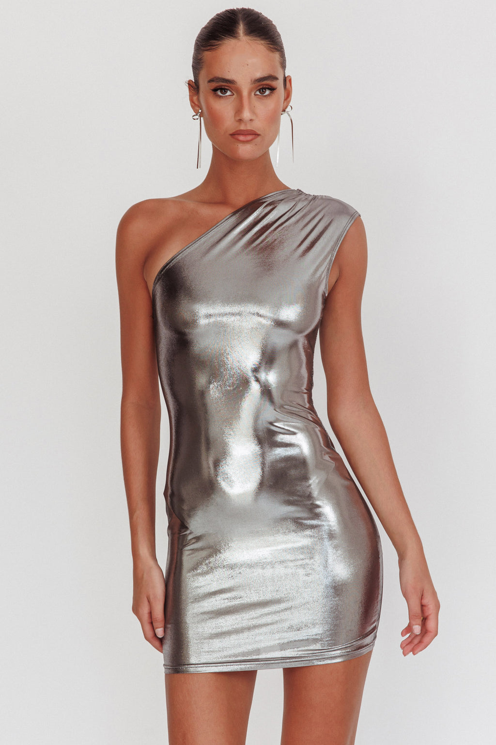 Glitter One-Shoulder Mini Dress Silver by Selfie Leslie Australia