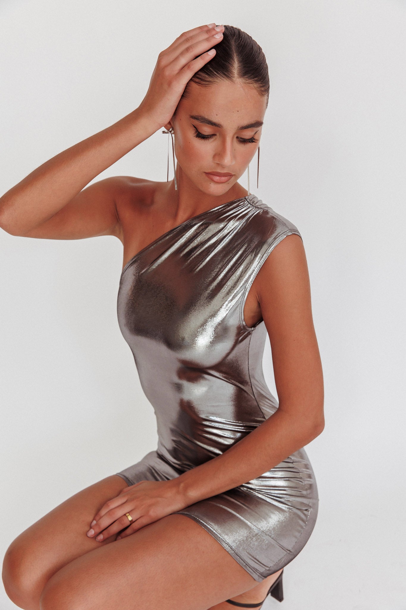 One Shoulder Glitter Mini Dress Nude main image 1