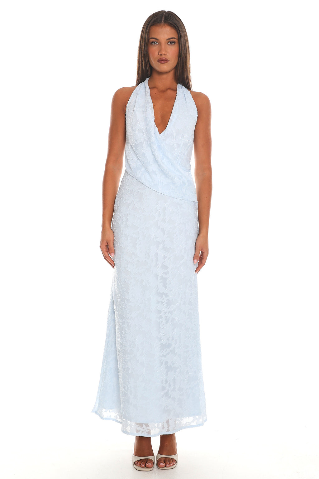 Morning Dew Halter Drape Maxi Dress Blue