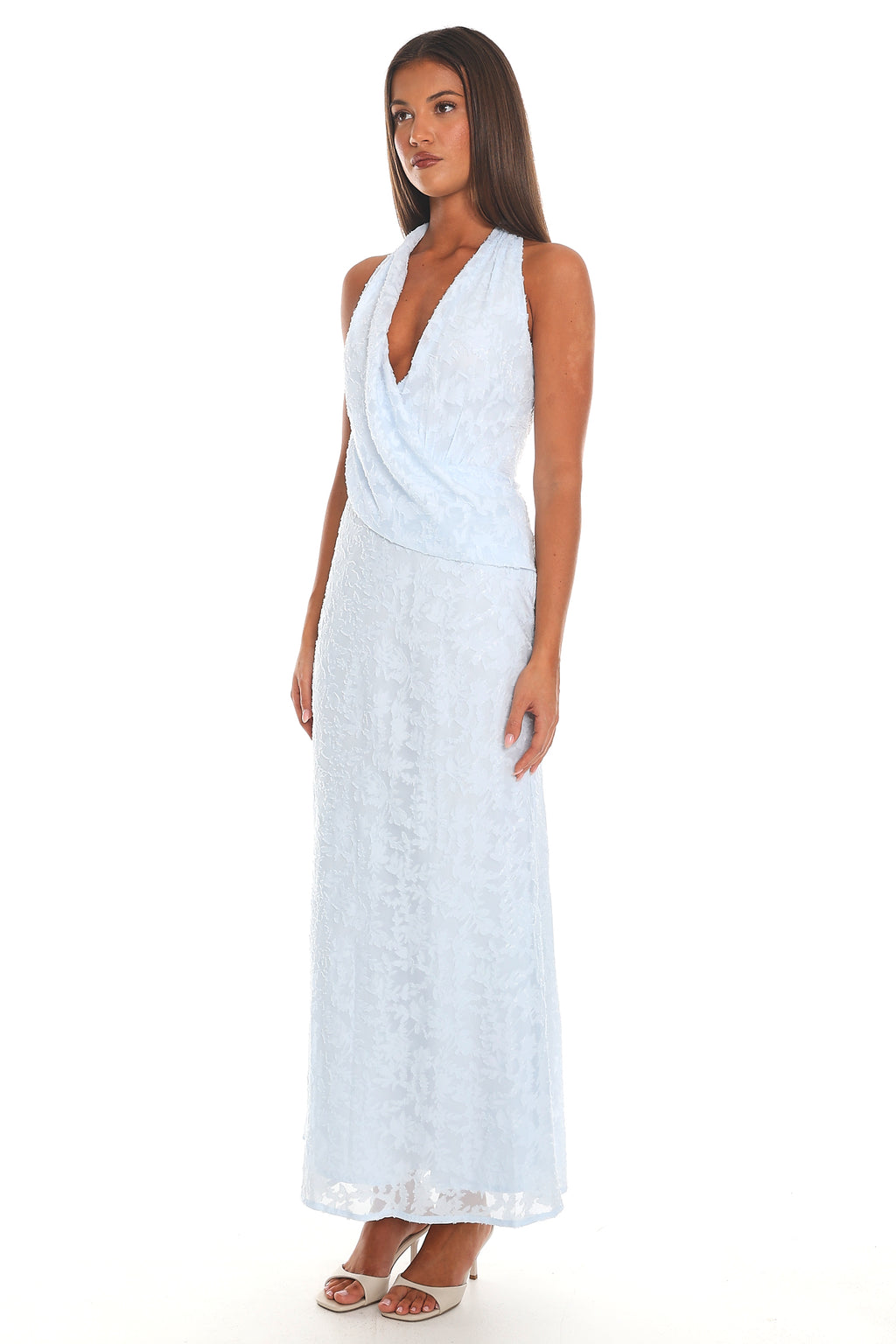 Morning Dew Halter Drape Maxi Dress Blue