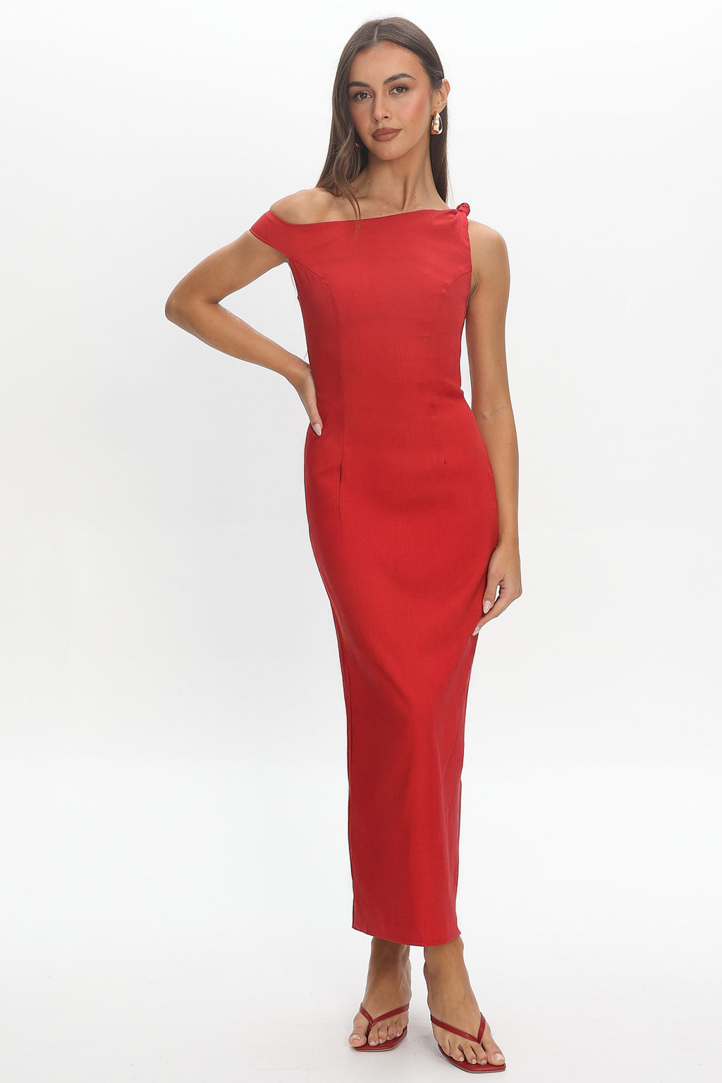 Heating Up Asymmetric Neckline Maxi Dress Red