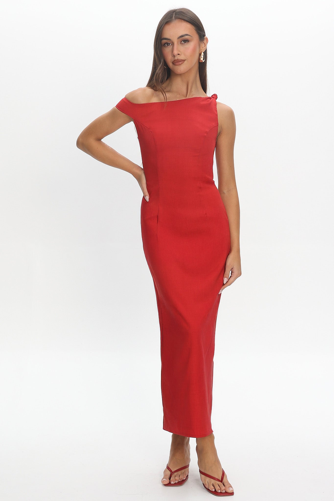 Heating Up Asymmetric Neckline Maxi Dress Red