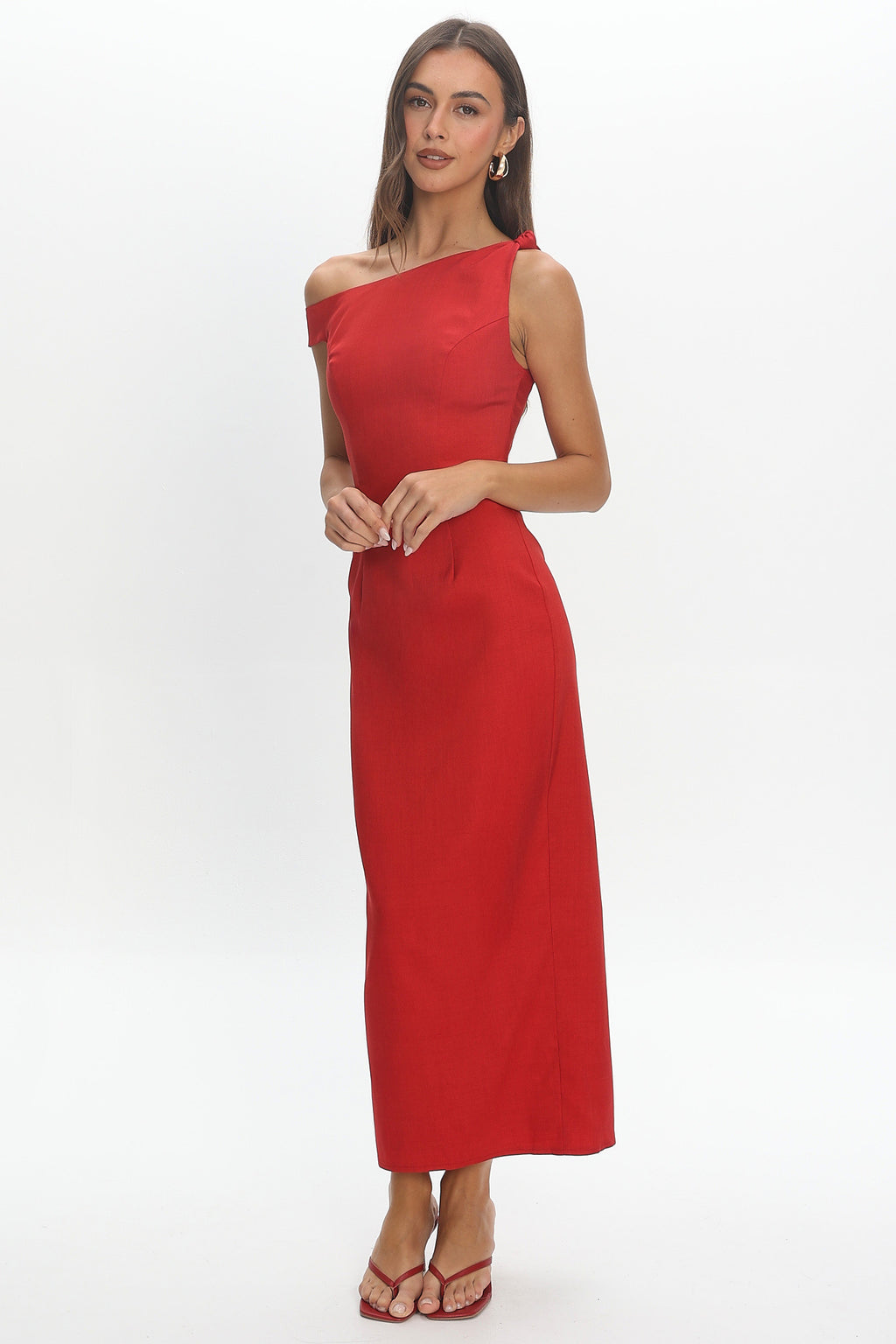 Heating Up Asymmetric Neckline Maxi Dress Red
