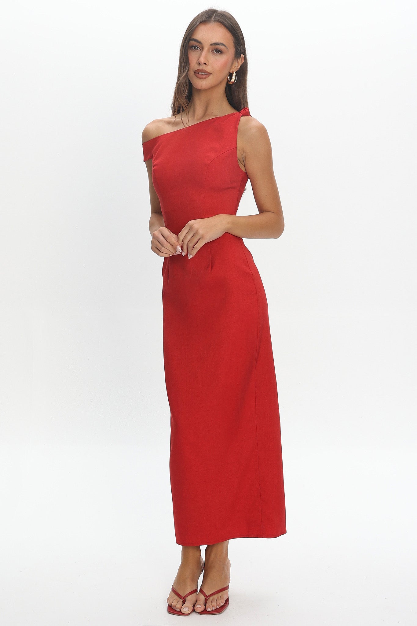 Heating Up Asymmetric Neckline Maxi Dress Red