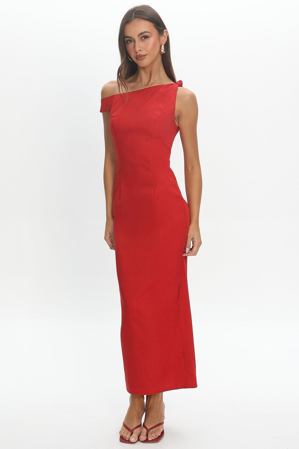Heating Up Asymmetric Neckline Maxi Dress Red