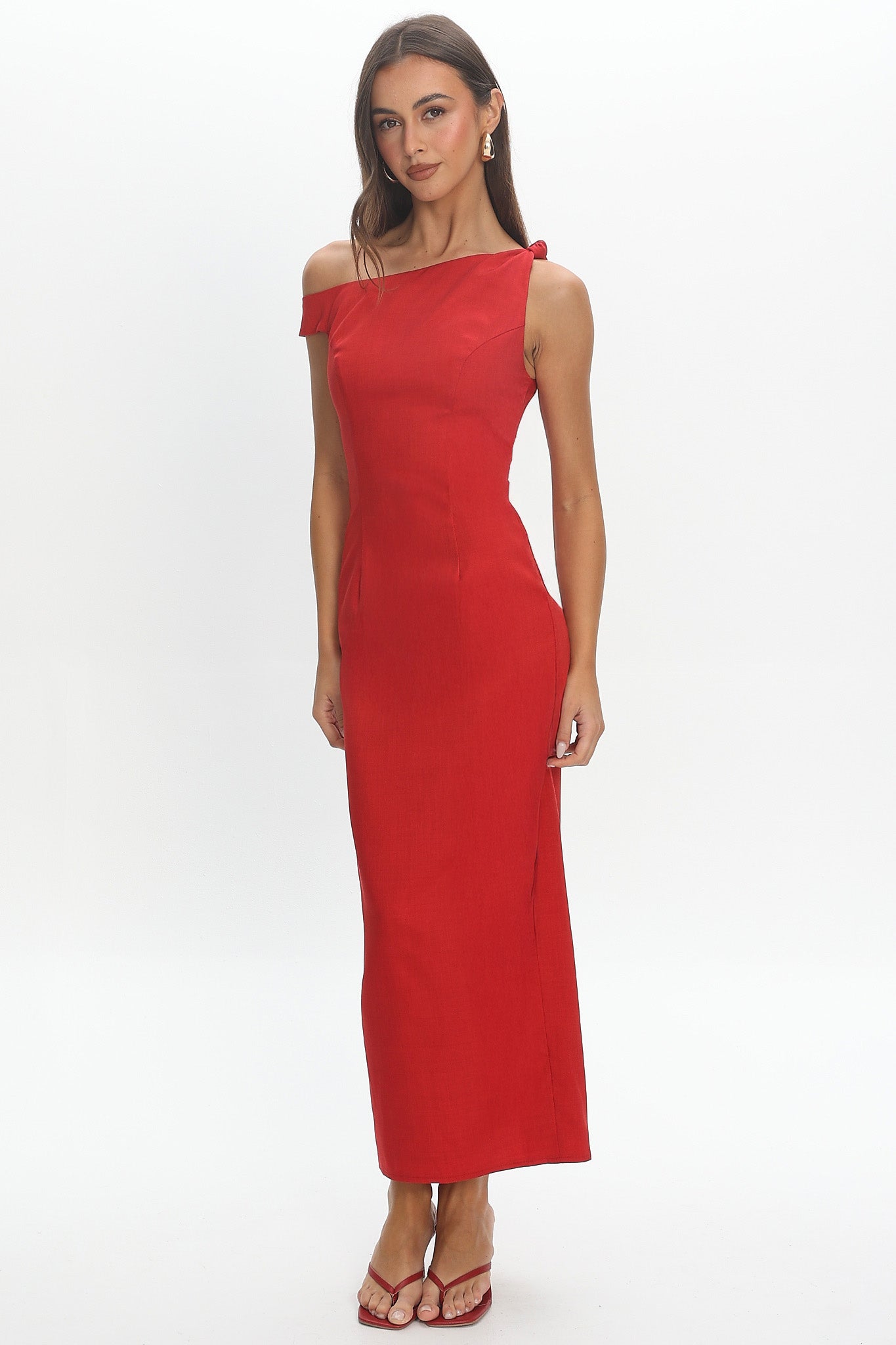 Heating Up Asymmetric Neckline Maxi Dress Red