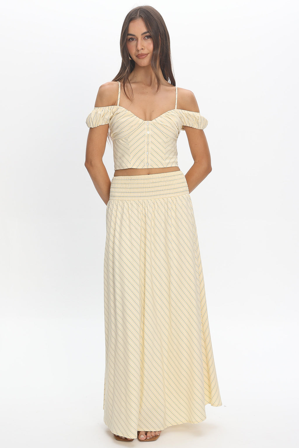 Windrose Stripe Smocked Maxi Skirt Butter