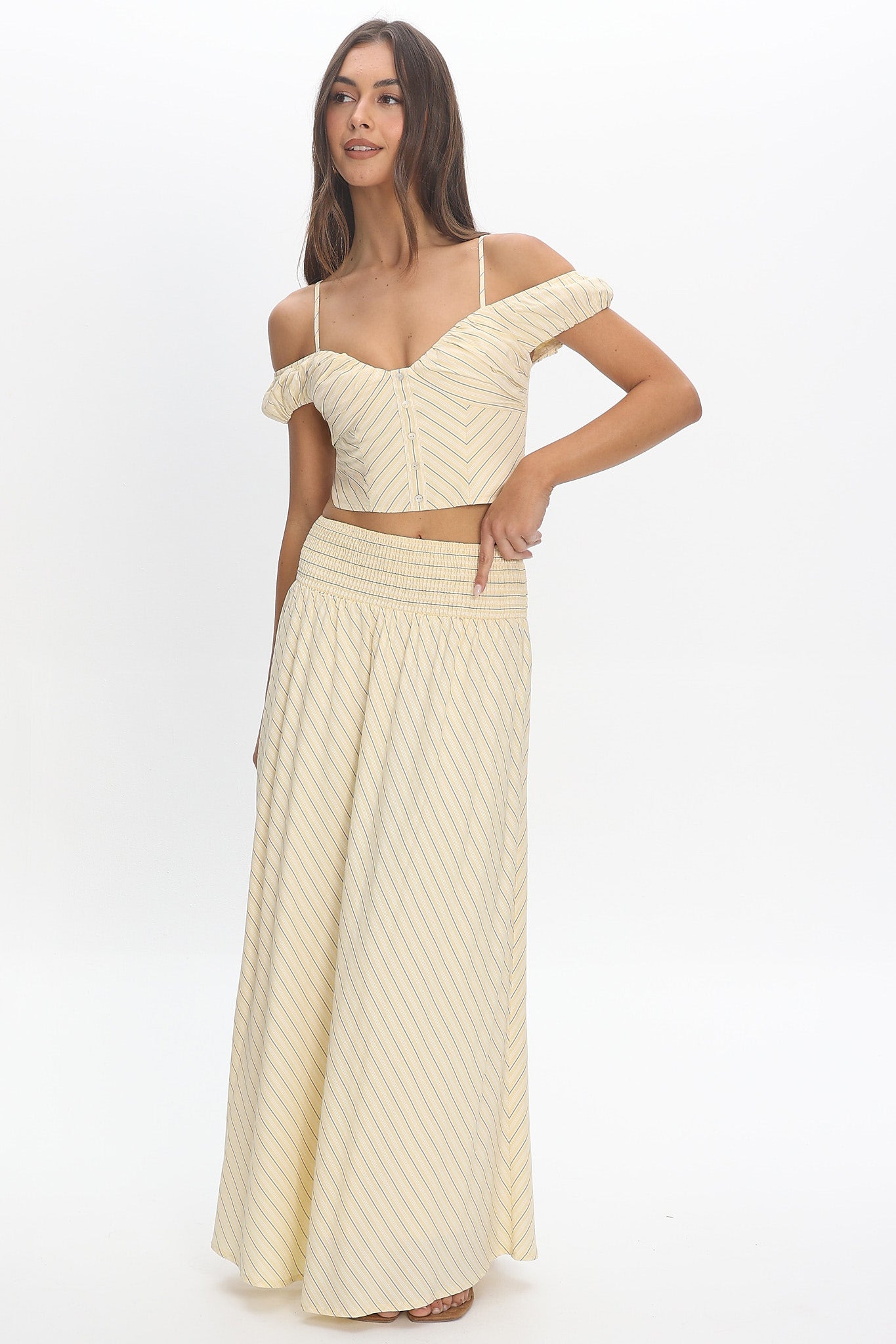 Windrose Stripe Smocked Maxi Skirt Butter