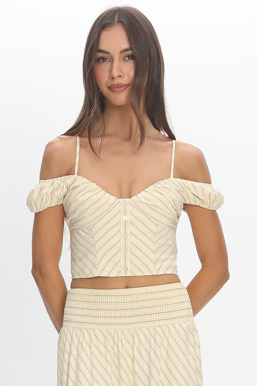 Windrose Stripe Off-Shoulder Crop Top Butter