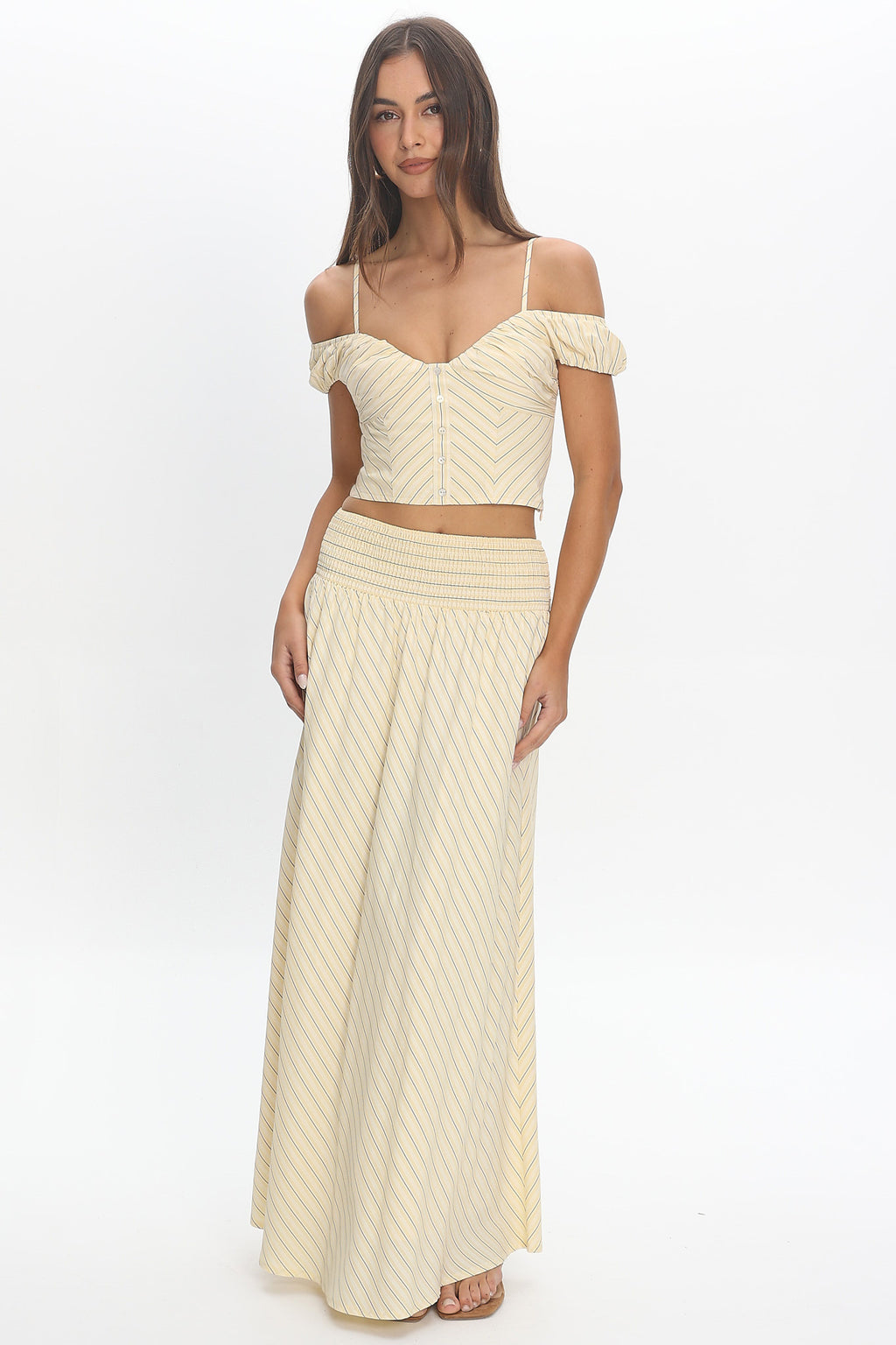 Windrose Stripe Off-Shoulder Crop Top Butter