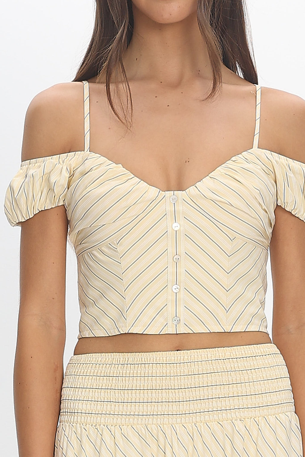 Windrose Stripe Off-Shoulder Crop Top Butter