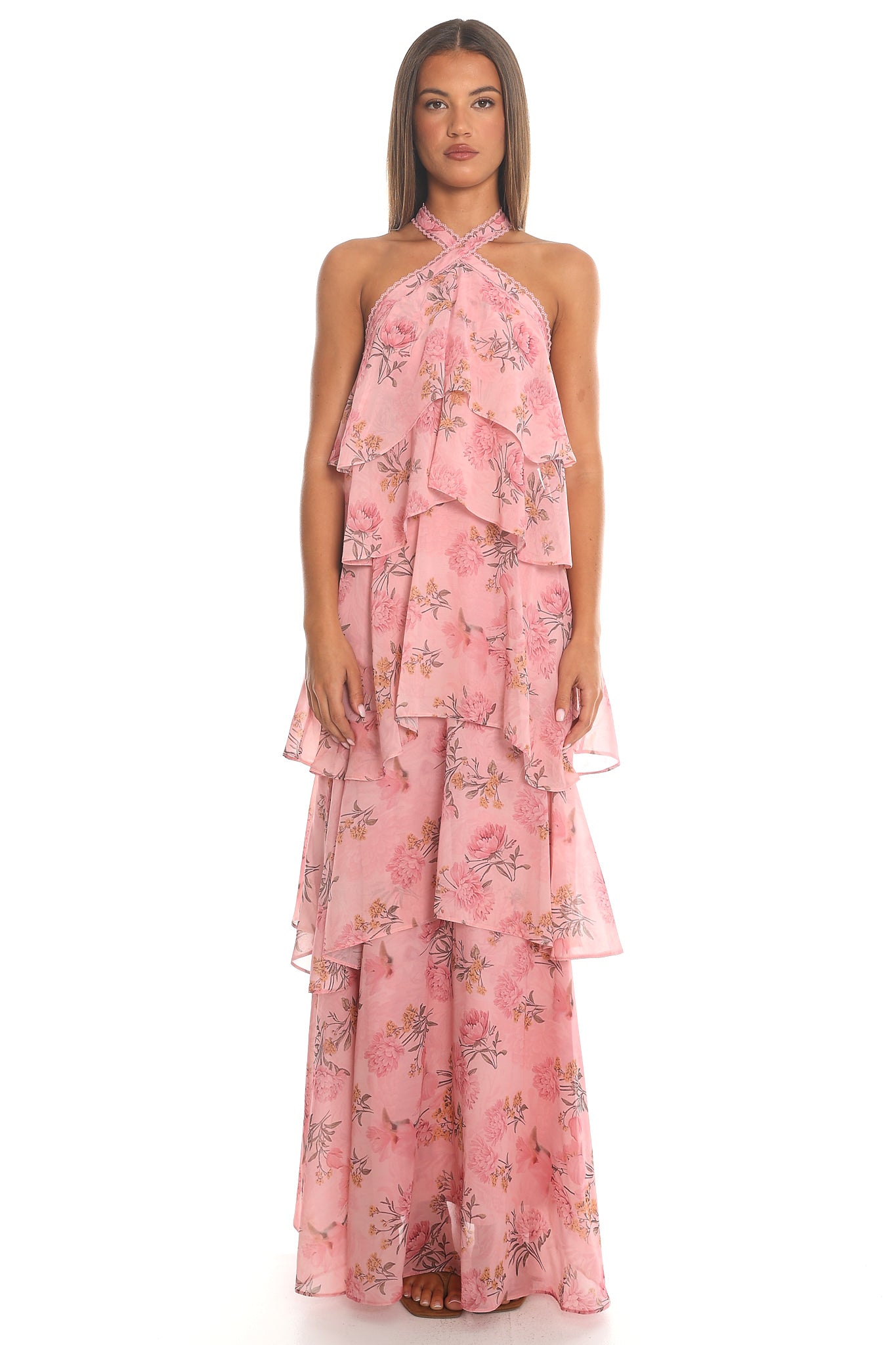 Petal Fall Tiered Halter Maxi Dress Blush