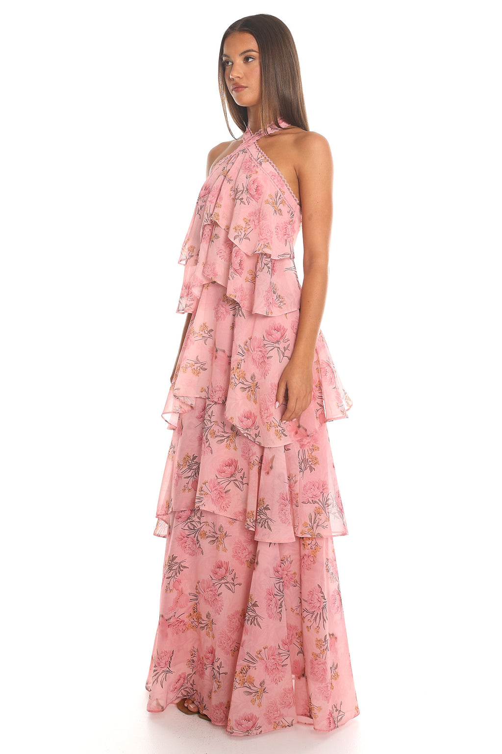 Petal Fall Tiered Halter Maxi Dress Blush